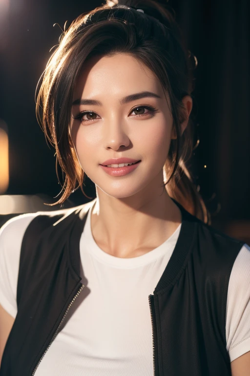 a gorgeous busty woman, ponytail, t-shirt and jacket, beautiful detailed smile, beautiful detailed teeth, POV, lover, cinematic dramatic lighting, (best quality,4k,8k,highres,masterpiece:1.2),ultra-detailed,(realistic,photorealistic,photo-realistic:1.37),HDR,UHD,studio lighting,ultra-fine painting,sharp focus,physically-based rendering,extreme detail description,professional,vivid colors,bokeh,portrait,photorealistic,cinematic