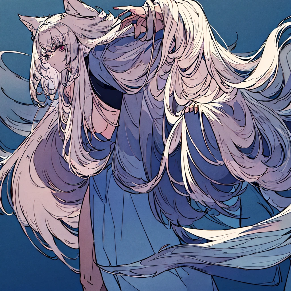 - Wolf woman wearing a white shirt with long sleeves.
- Black tight pants.
- Long, pointed wolf ears, White color.
- Long hair, white and messy, that reaches beyond your waist.
- Ojos rEyes o rosados, that stand out on his pale face.
- Cola peluda y larga que coincide con el color de su Hair blanco.
- Bare feet shaped like a wolf.
- A Wolf Woman.
- Big wolf ears - White hair - Squinted eyes with red pupils and white eyelashes - Black pants - White wolf tail - Lupine appearance - intense look, haunting - White (Hair)
- Negro (pants)
- Red/rosado (Eyes)
- white (ears and tail)