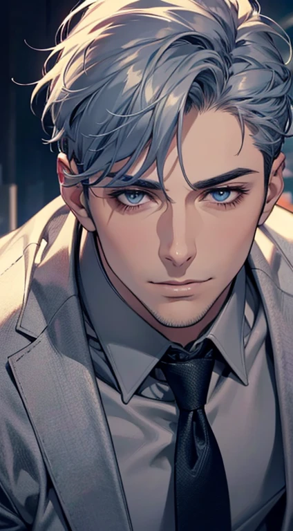 (best quality,4k,8k,highres,masterpiece:1.2),ultra-detailed,(realistic,photorealistic,photo-realistic:1.37),1 man,31 years old,mature man,very handsome,without expression,smile,short grey blue hair,blue eyes,penetrating gaze,perfect face without errors,imposing posture,businessman,office background,cinematic lighting,hdr image