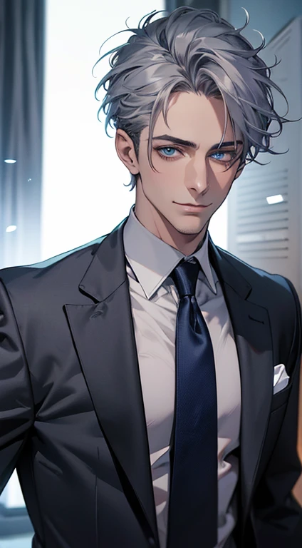 (best quality,4k,8k,highres,masterpiece:1.2),ultra-detailed,(realistic,photorealistic,photo-realistic:1.37),1 man,31 years old,mature man,very handsome,without expression,smile,short grey blue hair,blue eyes,penetrating gaze,perfect face without errors,imposing posture,businessman,office background,cinematic lighting,hdr image