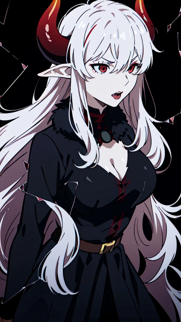 ((1adult woman,solo,milf,mature female)),red eyes,red lipstick,horns,angry,white hair,long hair,black dress,cleavage,elf ears,(((hair over one eye))),black background,broken glass