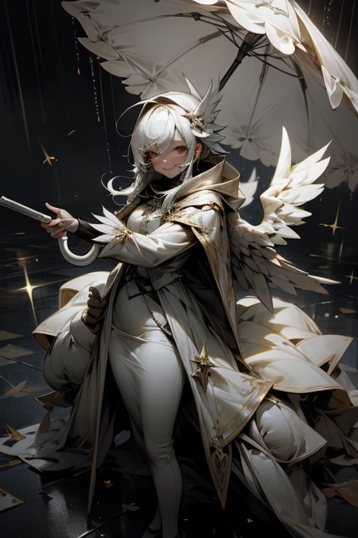 magician,White Dress,Angel Wings,Big umbrella,heavy rain,destruction,Crazy,darkness,smile,I'm sick,masked face,human_no,droid,Deus Ex Machina,Light effects,horror style,artistic,rearistc,Black and grey world,perfect face,dark fantasy