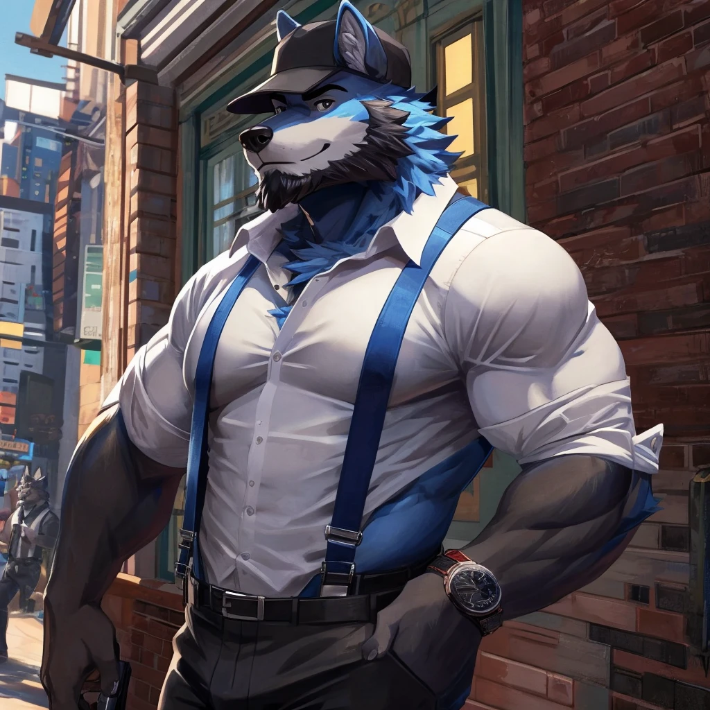Furry, anthro, Wolf , Blue Fur ,Wearing Black Cap solo, shirt, 1boy, white shirt, Muscle body, male focus, collared shirt, pants, looking to the side, suspenders, pectorals, sleeves rolled up, Black Coat, wristwatch, beard , (Ultra Details),(masterpiece)