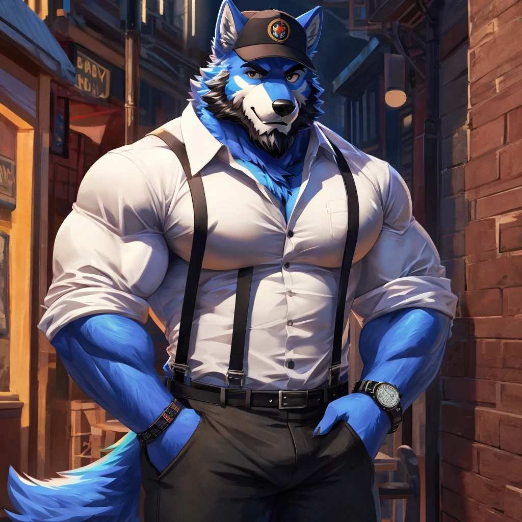 Furry, anthro, Wolf , Blue Fur ,Wearing Black Cap solo, shirt, 1boy, white shirt, Muscle body, male focus, collared shirt, pants, looking to the side, suspenders, pectorals, sleeves rolled up, Black Coat, wristwatch, beard , (Ultra Details),(masterpiece)