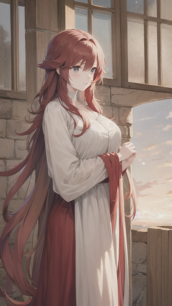 ((masterpiece,Highest quality:1.3)),1woman,30 year old beauty,独奏,((very small head:1.3)),red hair,long hair,blunt bangs,red eyes,gorgeous eyes,shy,medium breasts,((very long body:1.2)),((toned body,slender body,)),skinny,gleaming skin,shiny skin,sweat,(White Henley T-shirt、Long sleeve),((Red itting,rural area、sunny、Medieval Europe、