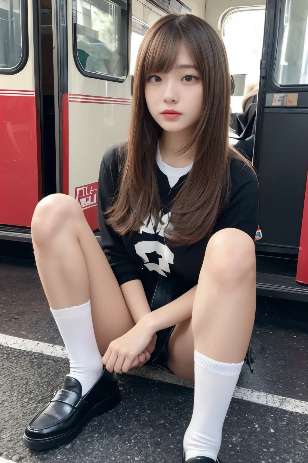 ((Thighsのクローズアップ、Thighsのみ撮影))、(Realistic、Realistic、Super detailed、Highest Detail Skin、Highest quality、masterpiece、Ultra-high resolution)、Cute Japanese Woman、18-year-old、high school girl、Japanese High 、Crossing your legs、Young girl、light makeup、One Girl、With bangs、double eyelid、Droopy eyes、Big black eyes、Japanese style face、Japanese Trains、sit opposite、Shooting from below、mini skirt、Thighs、Knee-high socks、loafers