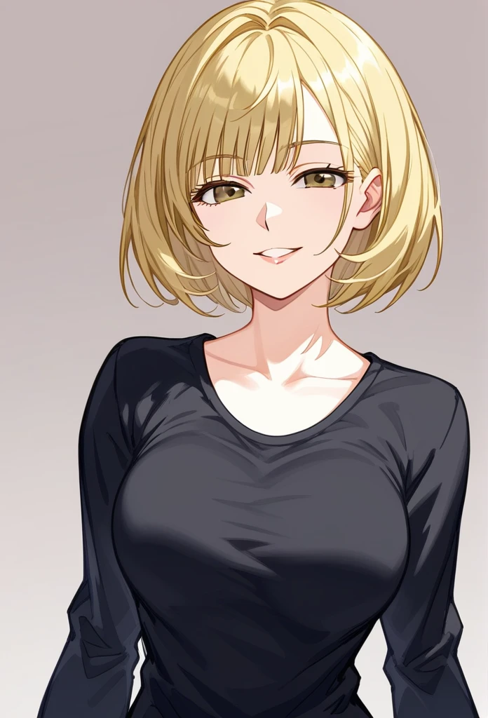 1girl, yellow hair, green eyes, smiling, black tank top, blue jeans, medium breast, looking at vewers, flipped hair hairstyle, The Retro Hair Flip Trend, masterpiece, 8k, 16, 32k, shiny skin, UHD frekles on her skin, bootcut, cleavage, HDR, 4K, 8K, High quality, Ultra high quality, big forehead, cowboy shot,
