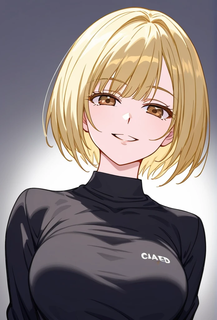 girl, short blonde hair with black, brown eyes half closed, Chapped lips, smiling arrogant, pale skin, medium breasts, upper body, black shirt with sleeves 