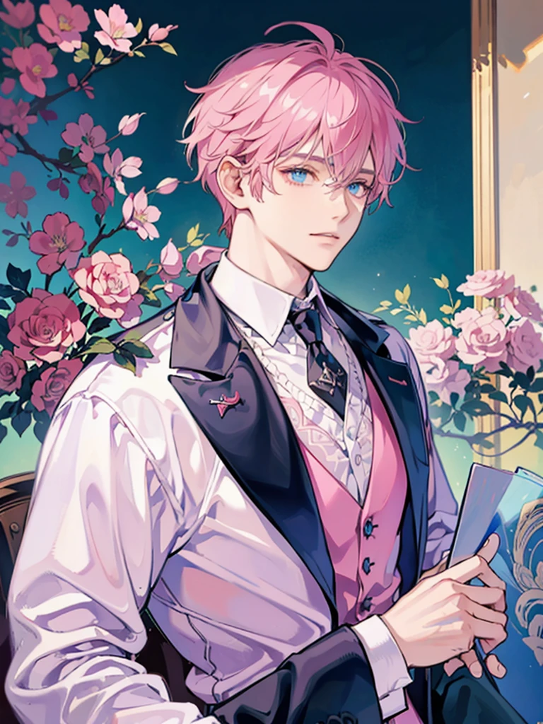 1 male, pink hair, blue eyes, not smile, cool man. mafia. bad boy. like a prince