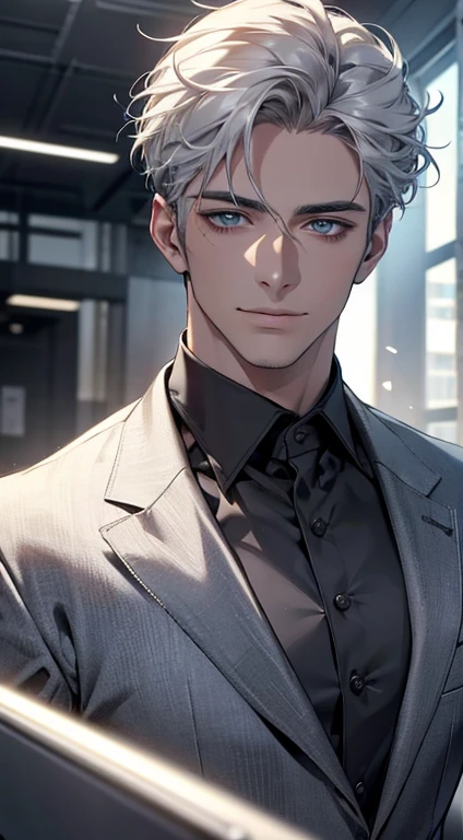(best quality,4k,8k,highres,masterpiece:1.2),ultra-detailed,(realistic,photorealistic,photo-realistic:1.37),1 man,31 years old,mature man,very handsome,without expression,smile,short grey white hair,blue eyes,penetrating gaze,perfect face without errors,imposing posture,businessman,office background,cinematic lighting,hdr image
