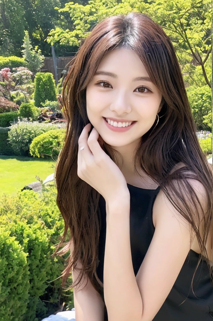 Minami Hamabe,(highest quality,16k,High resolution:1.2),Dark brown long hair,Girls in their 20s,Very detailed,One Girl,A beautiful 26 year old woman,(Minami Hamabe:1.3),(smile),garden,(high quality,ultra detailed,best quality,masterpice,4k,taken by nikon d750:1.0)