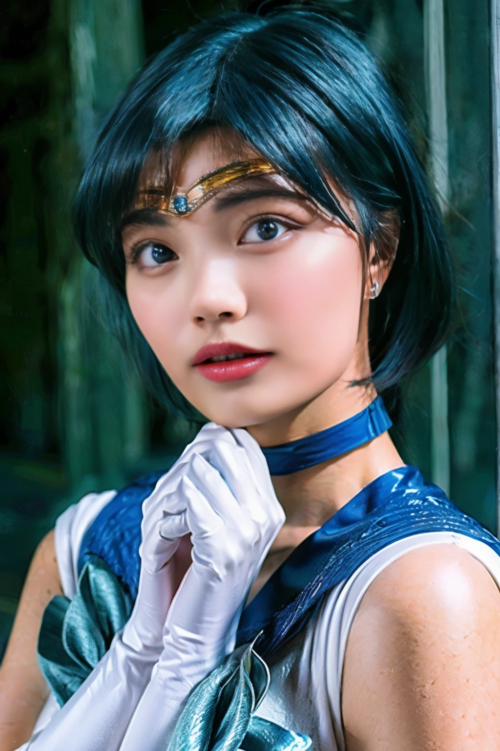 (realistic, photo-realistic:1.4), (best quality,masterpiece:1.2), RAW photo, high resolution, intricate details, extremely detailed, realistic and sharp details, cinematic lighting, portrait, solo, 1girl, sailor mercury, AmiMizuno, a Japanese female idol wearing a sailor senshi uniform, smuniform, (mer1, jewelry, circlet, crescent earrings, blue sailor collar, bow, neck ribbon, blue knee boots, white elbow gloves, blue choker, blue skirt), (short hair, blue hair:1.5), detailed face, detailed eyes, pale skin, (perfect anatomy, prefect hands), octane rendering, goddess of water,