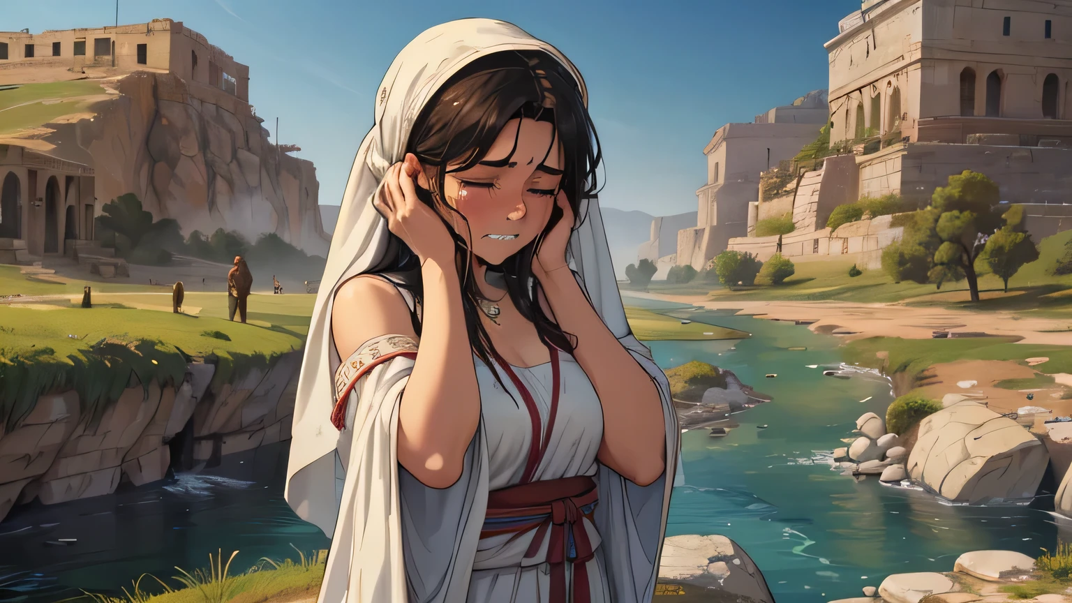 angry women  with dark hair in greek ancient dress killed a woman with blonde hair. full body. top quality. top quality