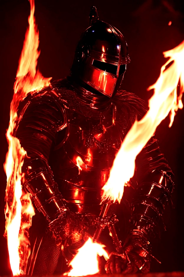 black background with aggressive red lights, man in cyber punk style templar armor, tearing up a rainbow flag and setting it on fire