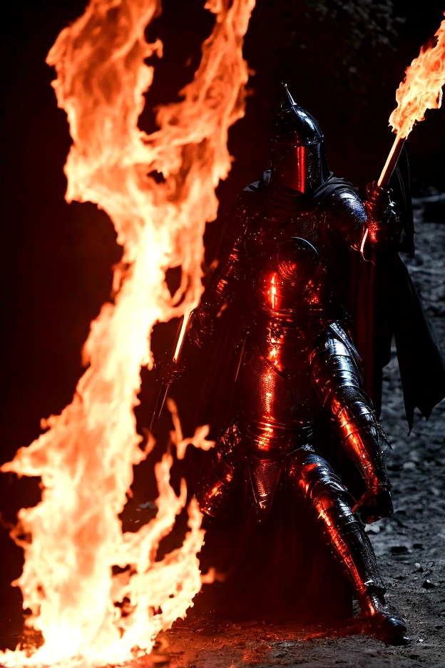 black background with aggressive red lights, man in cyber punk style templar armor, tearing up a rainbow flag and setting it on fire