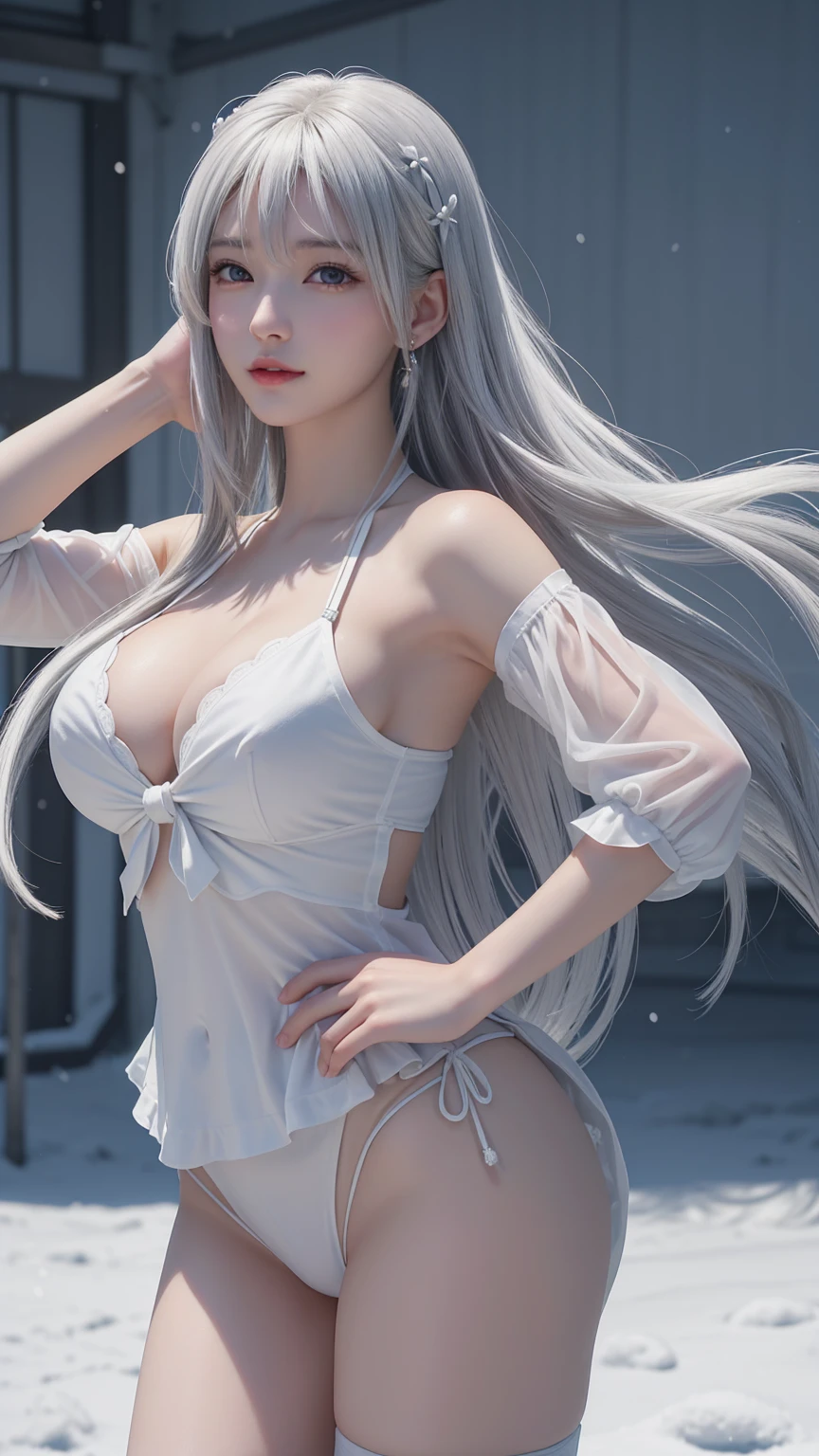 ((Big breasts,Bikini)),((Logo, masterpiece, 8K, On the table, RAW photos, wonderful, 最high quality, Photorealistic and hVery detailed CG integrated 8K wallpaper, high quality, Very detailed, Narrative Poems, Particle Effects, dynamic effect, Writing border depth, light, lens flare, Ray Tracing, Anatomically accurate)), fantasy, 1 beautiful woman, ((White hair)), Clear eyes, Long hair, Pretty Face, serious, 緻密でbeautiful eyes, ((Dancing woman, 優雅にDancing woman, Snow Sceneの中でDancing woman, 激しくDancing woman)), ((Long hairがwindでなびく, Long hairが跳ねる, Long hairがwindで踊る)), hair jump, Jewelry, beautiful eyes, White cherry blossom embroidery pattern, Silver earrings, wind, Snow Mountainの中で, Snow Scene, Snow Mountain, Snow Makeup, 雪とFrost, Snow Mountainや森, Frost, Snow Mountain々, Frost树的美丽与光辉, The tranquility and beauty of the snow world, Hair color is white