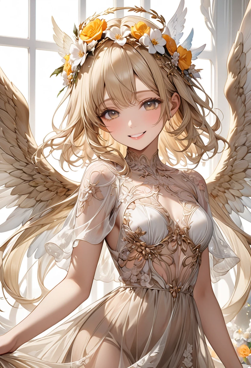 ( Anatomy is quite accurate ) One is wearing a beige gauze dress、With wings、Woman with long beige and light blond hair wearing a flower crown( perfect anatomy ) Translucent wings, Beautiful angel wings,Extremely detailed close up of smiling female angel in flowing gauze dress elegant、Beautiful masterpieces, meticulous depictions, extremely delicate works of art, ultra-precision art,Stunning digital art