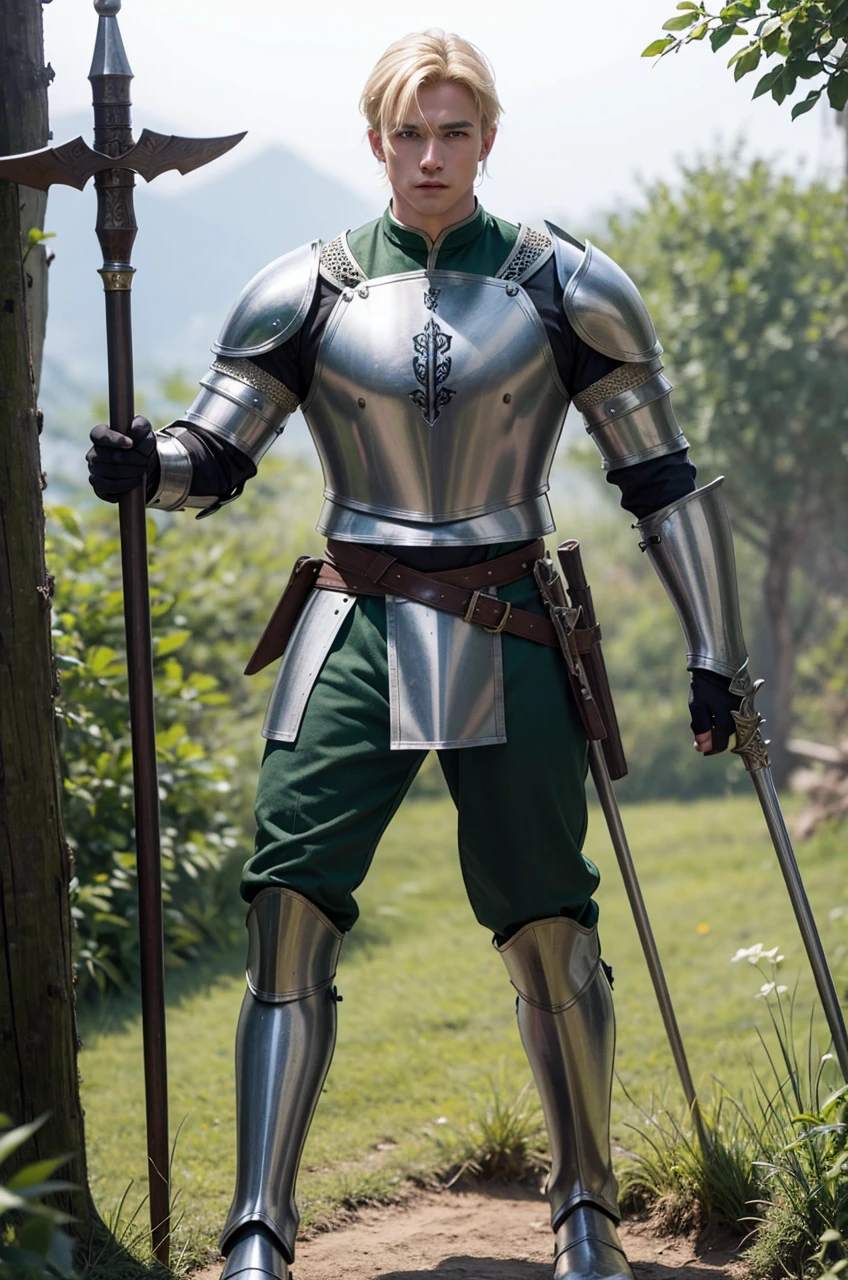 Male Youth with blonde hair, brown eyes and fair skin, wearing green medieval knight armor and gray trousers, gauntlets and boots, weilding spear, fullbody, medieval background, muscular