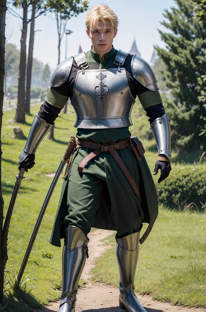 Male Youth with blonde hair, brown eyes and fair skin, wearing green medieval knight armor and gray trousers, gauntlets and boots, weilding spear, fullbody, medieval background, muscular