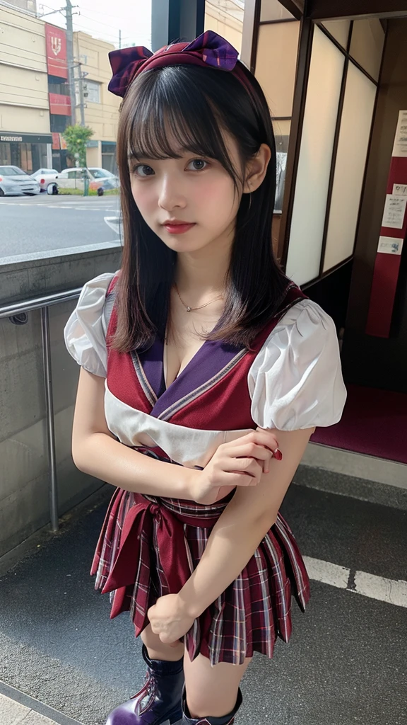 Urzan-6500-v1.1, (RAW Photos:1.2), (Photorealistic), (Genuine:1.4), Elegant woman with a perfect figure: 1.3, Jet Black Hair、((Straight short bob hair with neatly trimmed ends、bangs、Red Hairband))、(She is wearing a deep purple furisode with an elegant pattern.:1.3)、Standing with the fan closed、Majestic Hall々, (A look full of murderous intent:1.2)、 Highly detailed face and skin, Beautiful Eyes, double eyelid, Full Body Shot:1.2、Wearing short boots、(1 person:1.4)、Cleavage、18-year-old、Japanese、