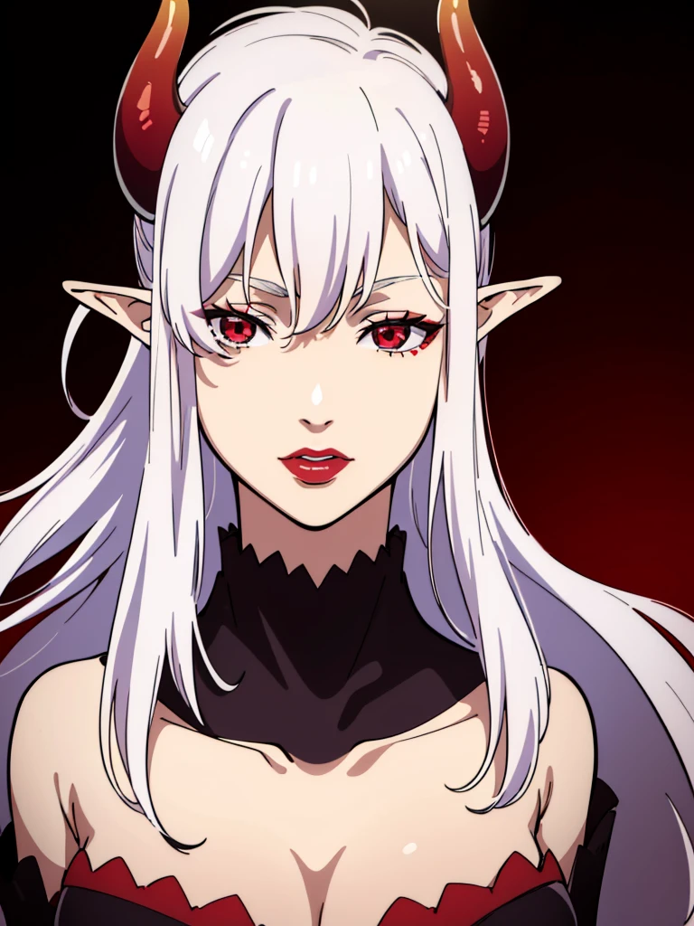 ((1adult woman,solo,milf,mature female)),red eyes,red lipstick,horns,white hair,long hair,black dress,elf ears,(((hair over one eye))),portrait