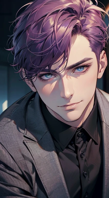 (best quality,4k,8k,highres,masterpiece:1.2),ultra-detailed,(realistic,photorealistic,photo-realistic:1.37),1 man,31 years old,mature man,very handsome,without expression,smile,short purple hair,blue eyes,penetrating gaze,perfect face without errors,imposing posture,businessman,office background,cinematic lighting,hdr image