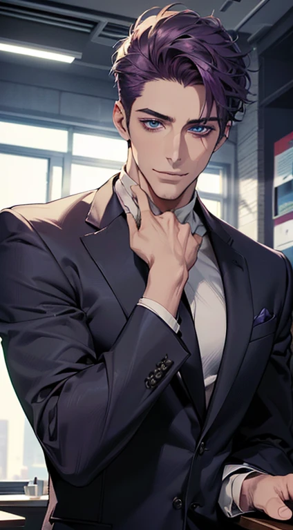 (best quality,4k,8k,highres,masterpiece:1.2),ultra-detailed,(realistic,photorealistic,photo-realistic:1.37),1 man,31 years old,mature man,very handsome,without expression,smile,short purple hair,blue eyes,penetrating gaze,perfect face without errors,imposing posture,businessman,office background,cinematic lighting,hdr image