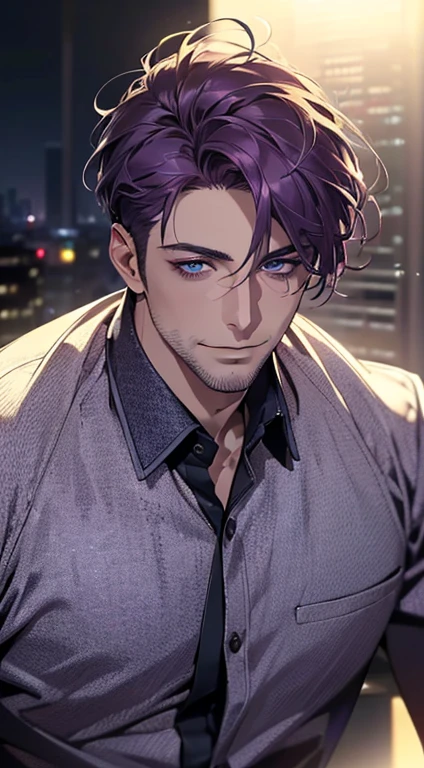 (best quality,4k,8k,highres,masterpiece:1.2),ultra-detailed,(realistic,photorealistic,photo-realistic:1.37),1 man,31 years old,mature man,very handsome,without expression,smile,short purple hair,blue eyes,penetrating gaze,perfect face without errors,imposing posture,businessman,office background,cinematic lighting,hdr image