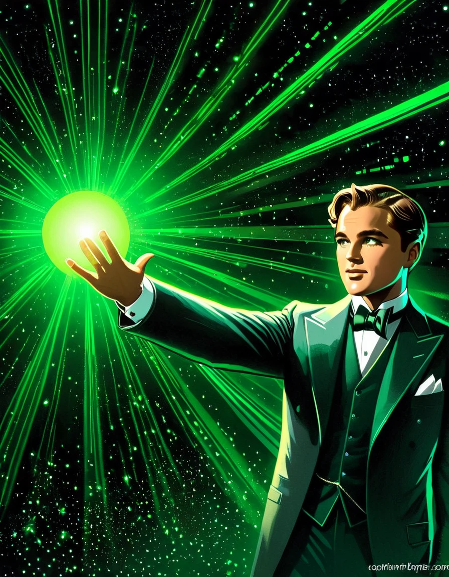 "Gatsby believed in the green light, the orgastic future that year by year recedes before us."

Image Prompt: Illustrate a scene with Jay Gatsby reaching out towards a distant, glowing green light, highlighting the idea of unattainable dreams and the pursuit of an elusive future.