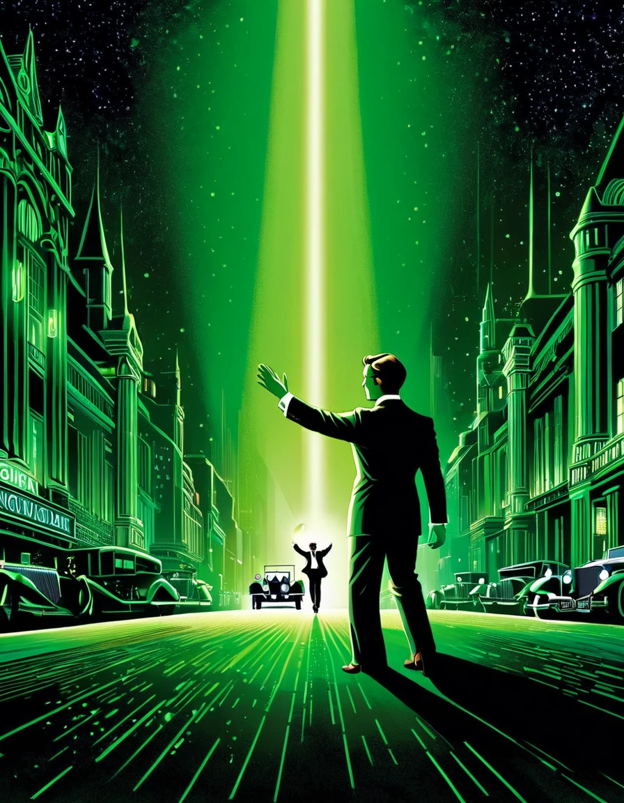 "Gatsby believed in the green light, the orgastic future that year by year recedes before us."

Image Prompt: Illustrate a scene with Jay Gatsby reaching out towards a distant, glowing green light, highlighting the idea of unattainable dreams and the pursuit of an elusive future.