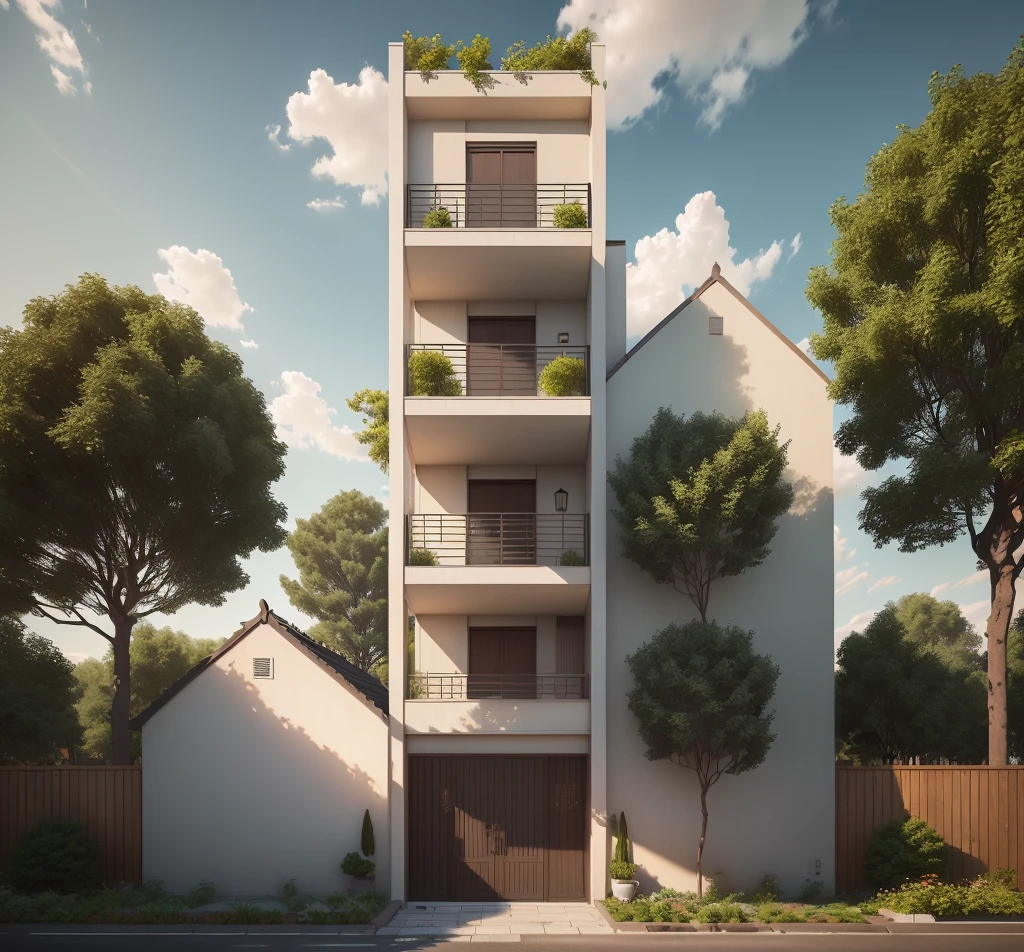 Townhouse in city, daylight,warm light, (sharp focus) front view of townhouse in style of modern, Vietnamese architecture ,mutual colours, soft lighting, warm atmosphere,high Resolution, hyper detailed,8k, hdr, ,vray render, hyper realistic,exterior design , professional photography, exterior photography,wide-angle shot , ultra detail, real world location, road sign, cityscape, pavement, ground vehice, cloudy sky. doors and windows are made by Xingfa. bancony have many trees , ivys, palms. black iron frame. wooden ceiling, ceiling light, black iron gate, iron railing, fence walls is made by black stone