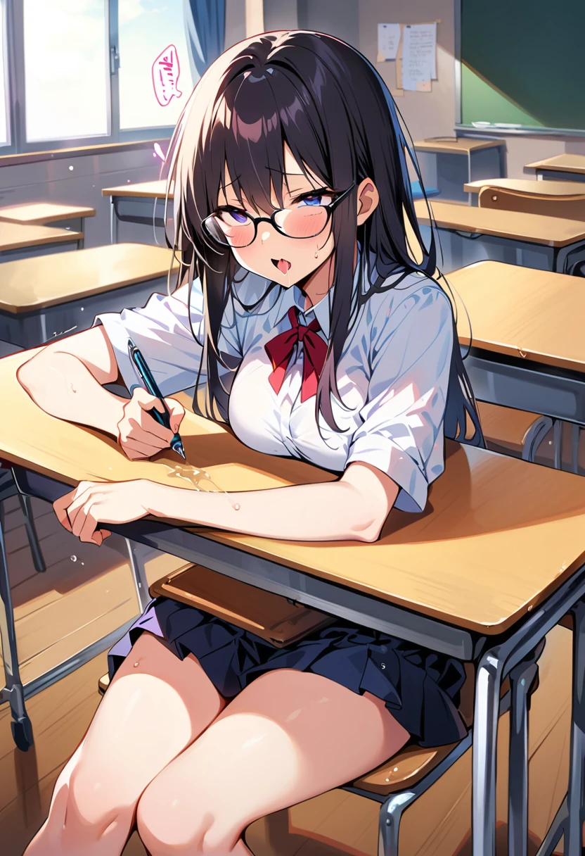Classroom, during class, girl, uniform, secretly masturbating with a pen, squirting Feels good Cramp Ahegao Wet Crotch、Love juice、Sexy、Shaky legs, glasses, other students around