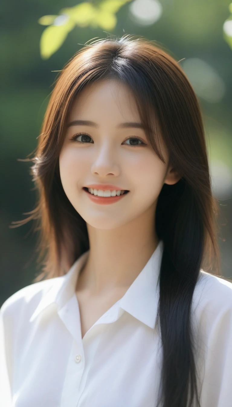 8K, Ultra-high resolution, Highest quality, masterpiece, Rule of thirds photograph,Surreal, photograph, 1 Girl, (:1.3), pretty girl, Cute face, Beautiful eyes in every detail, detailed,masterpiece,, One Girl:1.2, Japan Female Announcer,Face close-up,Outdoor,street tree,White blouse,The chest buttons are open,Refreshing sweat,Full of sexiness,Sensual,A carefree smile,Heal the heart,Black Hair,long hair,Looking at the audience、beauty,Long neck、Laugh a little、Please close your mouth and laugh、(((Ideal body type))),A-cup small breasts :2,、Portraiture:2、Perfect Anatomy、明確なdetailed、detailed、Surreal、Light and shadow,Strong light