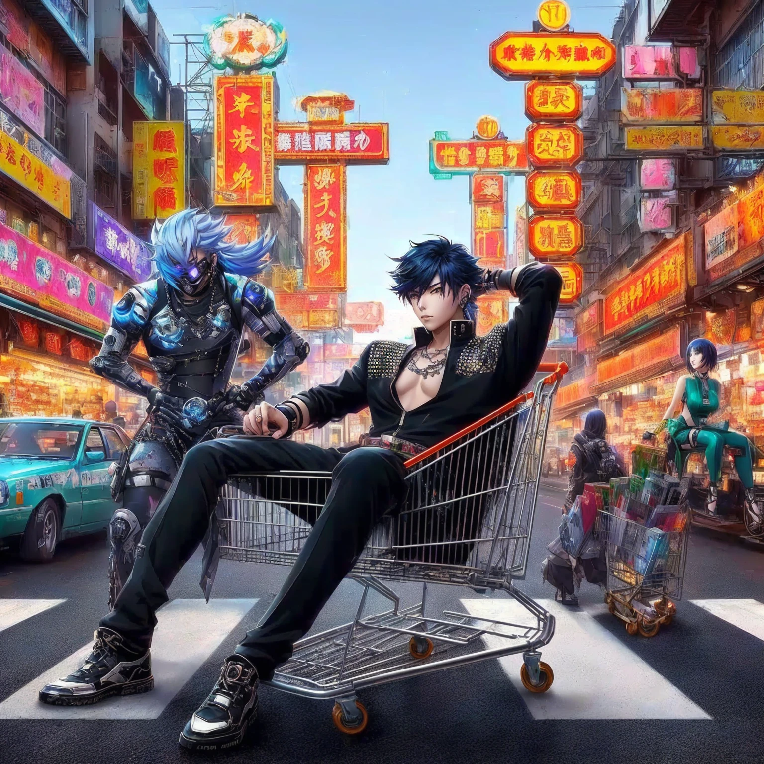Anime character sitting in a shopping cart in a busy city, Fantasy artwork in a chic city, digital cyberpunk - anime art, anime cyberpunk art, digital cyberpunk anime art, Inspired by Masamune Shiro, In cyberpunk city, Modern cyberpunk anime, Shadow Run Art, cyberpunk anime art, cyberpunk market, Trending on cgstation, By Yang J, in cyberpunk style