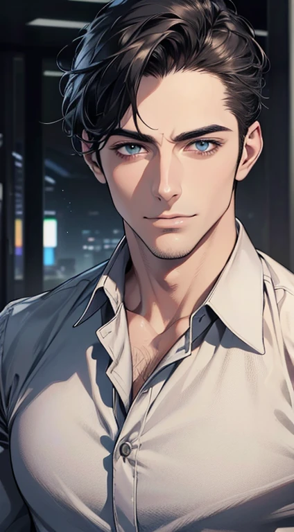 (best quality,4k,8k,highres,masterpiece:1.2),ultra-detailed,(realistic,photorealistic,photo-realistic:1.37),1 man,31 years old,mature man,very handsome,without expression,smile,short grey black hair,blue eyes,penetrating gaze,perfect face without errors,imposing posture,businessman,office background,cinematic lighting,hdr image