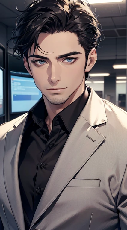 (best quality,4k,8k,highres,masterpiece:1.2),ultra-detailed,(realistic,photorealistic,photo-realistic:1.37),1 man,31 years old,mature man,very handsome,without expression,smile,short grey black hair,blue eyes,penetrating gaze,perfect face without errors,imposing posture,businessman,office background,cinematic lighting,hdr image
