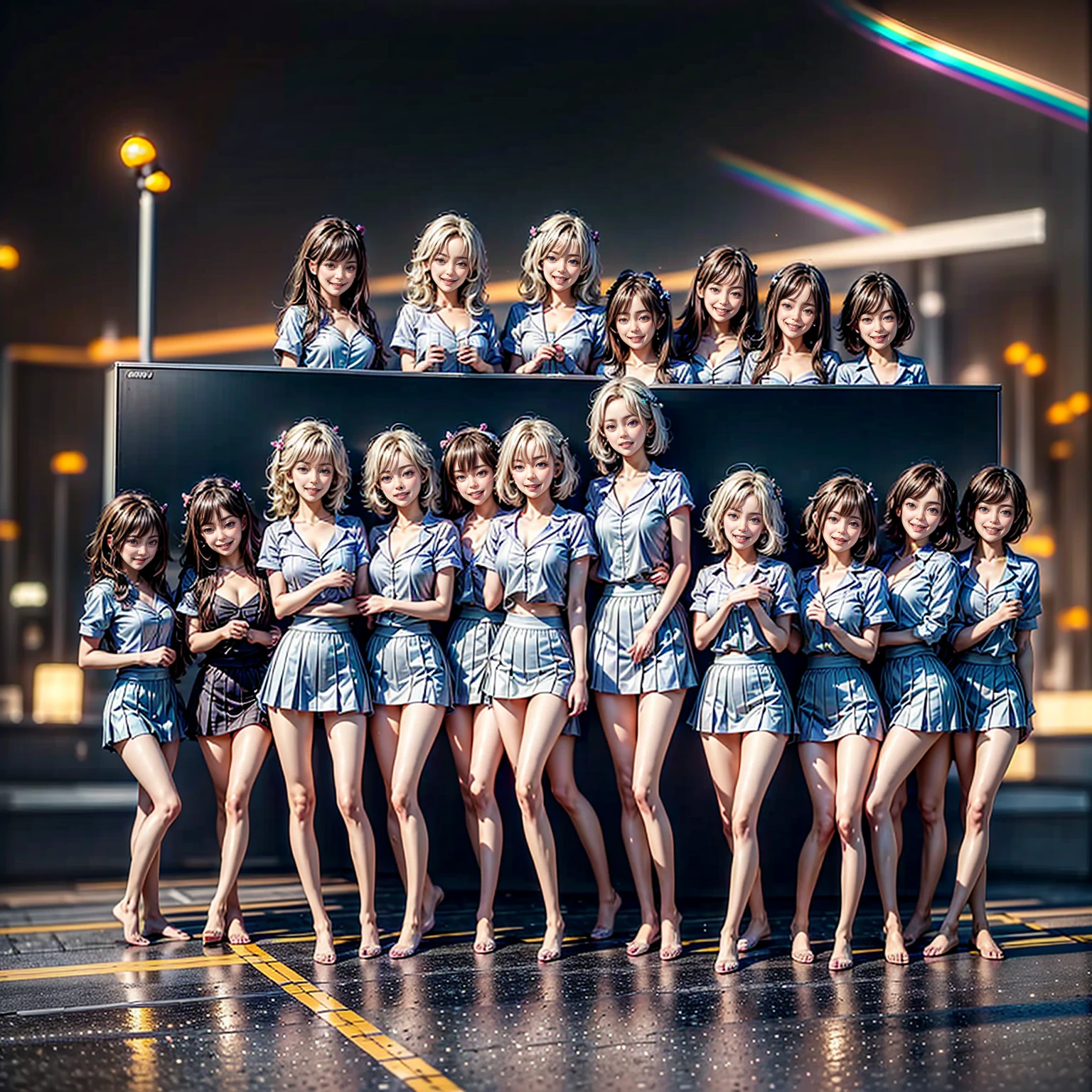((ExtremelyDetailed (PUNIPUNI KAWAII 12 Girls in a row:1.37) Shibuya Hachiko-mae scramble crossing)), (masterpiece 8K TopQuality:1.2) (ProfessionalPhoto:1.37), {(Standing Full Body:1.2)|Dancing}, Different types of hair colors, {((White skinny Athletic wear))|SchoolUniform|Tutu}, {(Hidden Hand)|(Corrected BabyLike hand)}, (Joyful Expressions LifeLike Rendering), PerfectLighting (RainbowColor particles:1.2)(Dazzling Blurred ColorfulLights) MotionBlur  BREAK  (Acutance:0.8) Impeccable Radiant PearlSkin with Transparency . (((no extra limbs)))