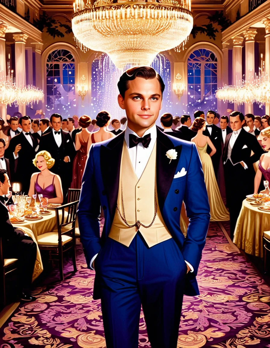 "I was within and without, simultaneously enchanted and repelled by the inexhaustible variety of life."
Image Prompt: Depict a scene where the protagonist, Nick Carraway, stands on the periphery of a lavish party, experiencing a mix of fascination and detachment from the extravagance and excess.