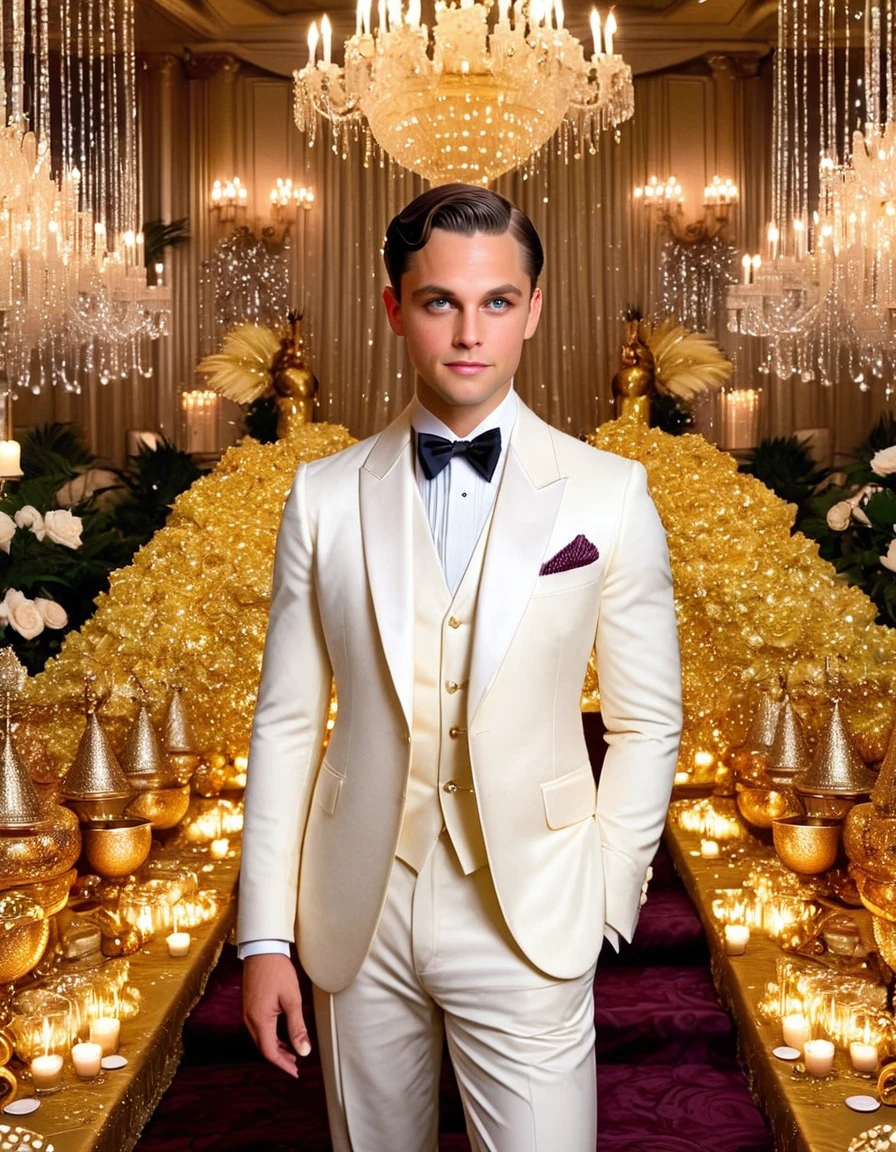"I was within and without, simultaneously enchanted and repelled by the inexhaustible variety of life."
Image Prompt: Depict a scene where the protagonist, Nick Carraway, stands on the periphery of a lavish party, experiencing a mix of fascination and detachment from the extravagance and excess.