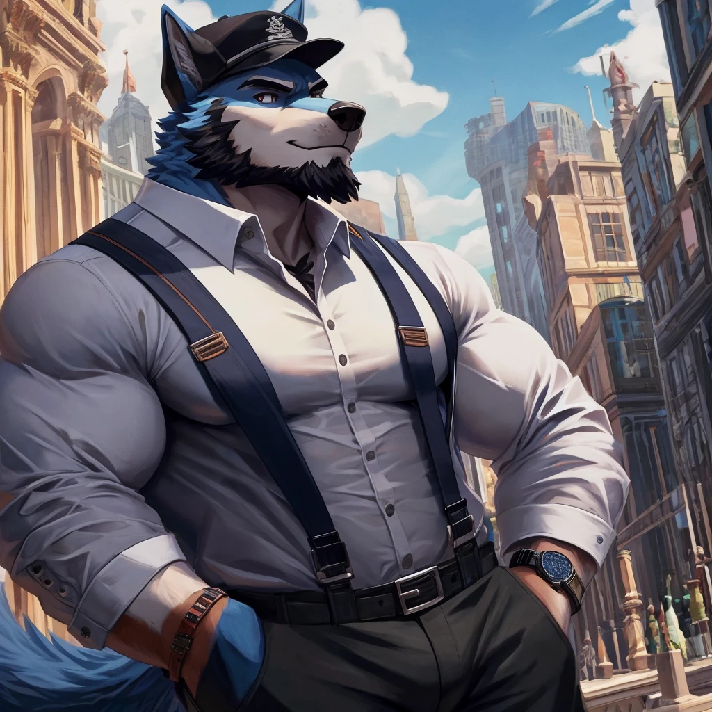 Furry, anthro, Wolf mix dragon , sky Blue Fur ,Wearing Black Cap solo, shirt, 1boy, white shirt, Muscle body, male focus, collared shirt, pants, looking to the side, suspenders, pectorals, sleeves rolled up, Black Coat, wristwatch, beard , (Ultra Details),(masterpiece)