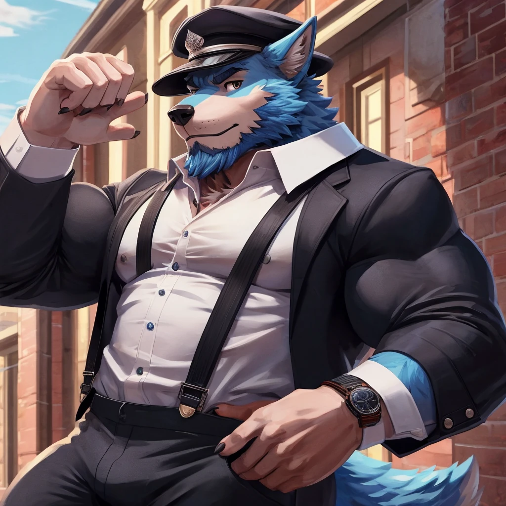 Furry, anthro, Wolf mix dragon , sky Blue Fur ,Wearing Black Cap solo, shirt, 1boy, white shirt, Muscle body, male focus, collared shirt, pants, looking to the side, suspenders, pectorals, sleeves rolled up, Black Coat, wristwatch, beard , (Ultra Details),(masterpiece)