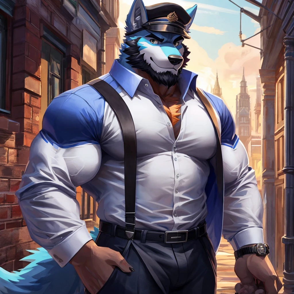 Furry, anthro, Wolf mix dragon , sky Blue Fur ,Wearing Black Cap solo, shirt, 1boy, white shirt, Muscle body, male focus, collared shirt, pants, looking to the side, suspenders, pectorals, sleeves rolled up, Black Coat, wristwatch, beard , (Ultra Details),(masterpiece)