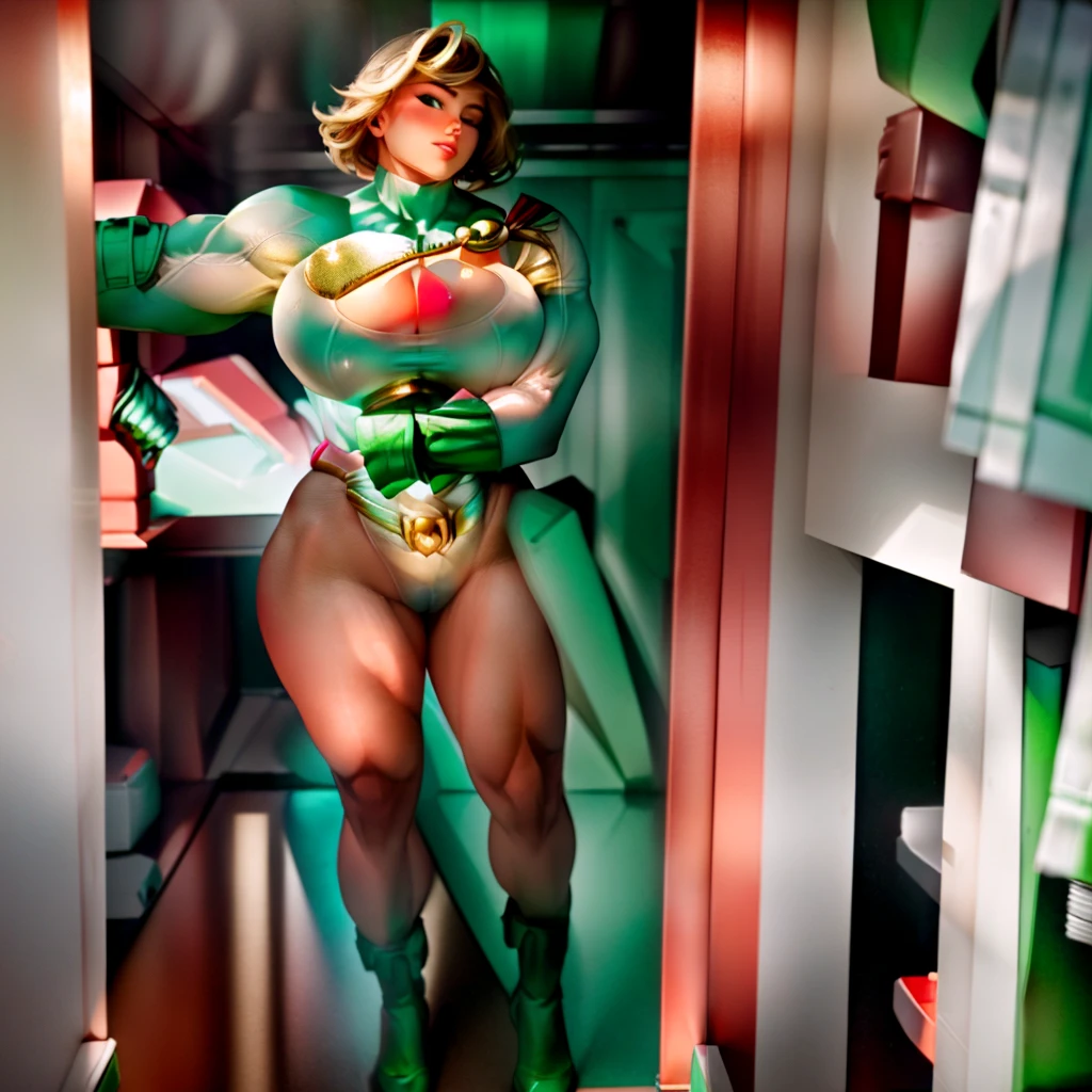 Power Girl in a green top and green bikini posing in a closet, posing and flexing, thick, corpo thick, thick build, Curvaceous Physical Fit, strong pose, beautiful thick female, mid-body shot, posing fully body, whole body!!!, flexing big muscles, perfect and proportional body, powerful pose, exaggeratedly large physique