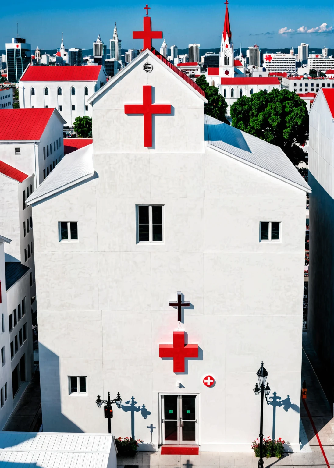 Modern church in crowded city. White painted color wall with one red cross on top. 