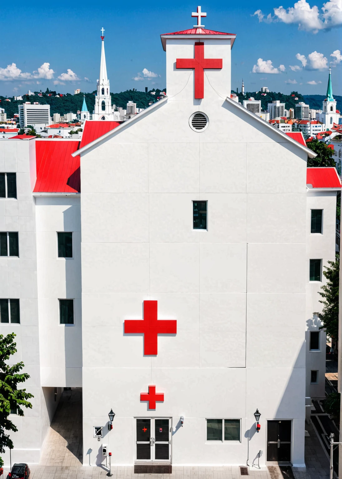Modern church in crowded city. White painted color wall with one red cross on top. 