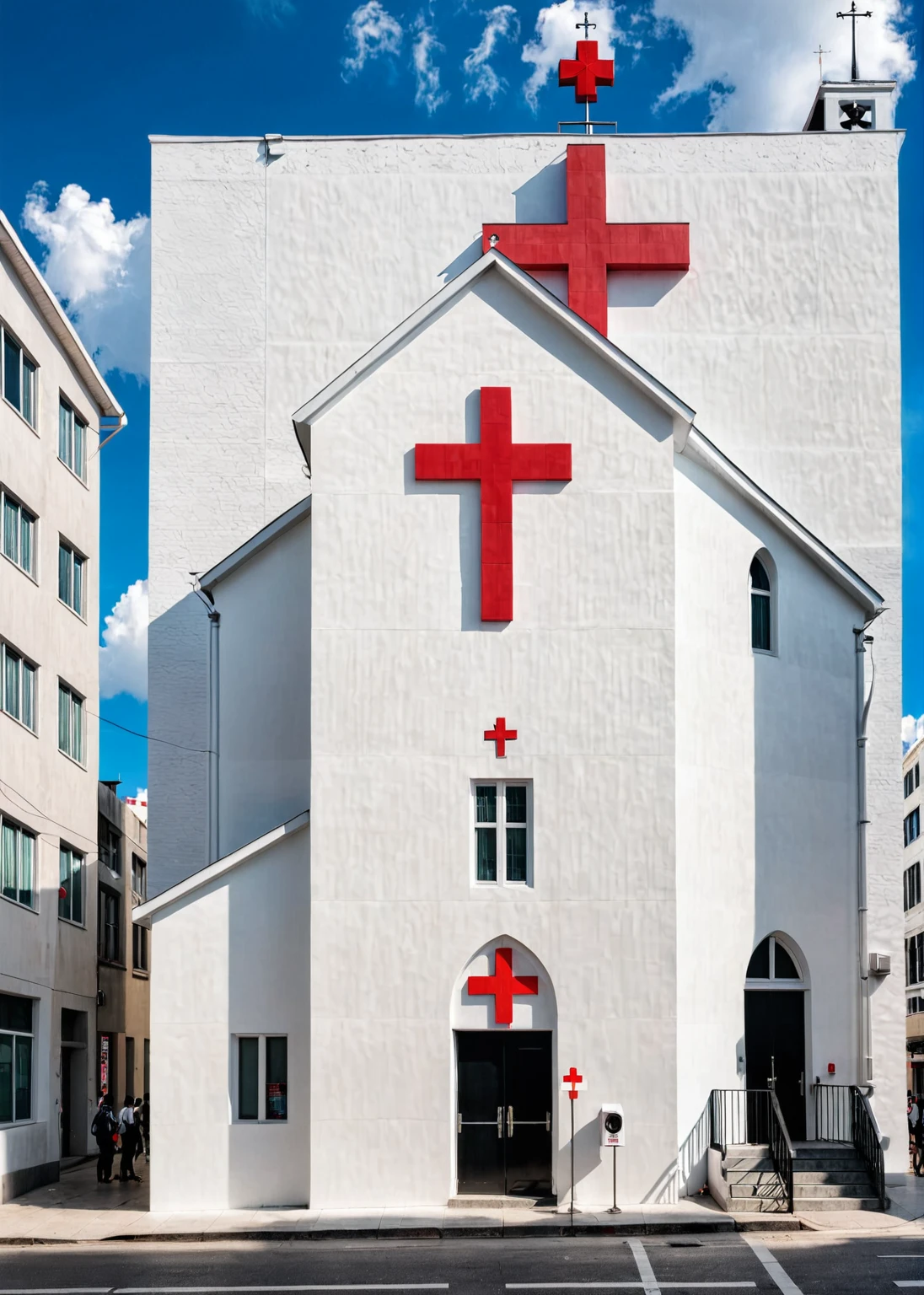 Modern church in crowded city. White painted color wall with one red cross on top.