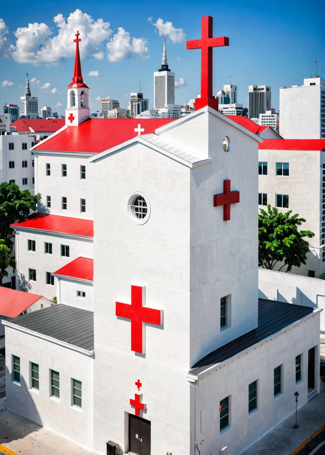 Modern church in crowded city. White painted color wall with one red cross on top. 
