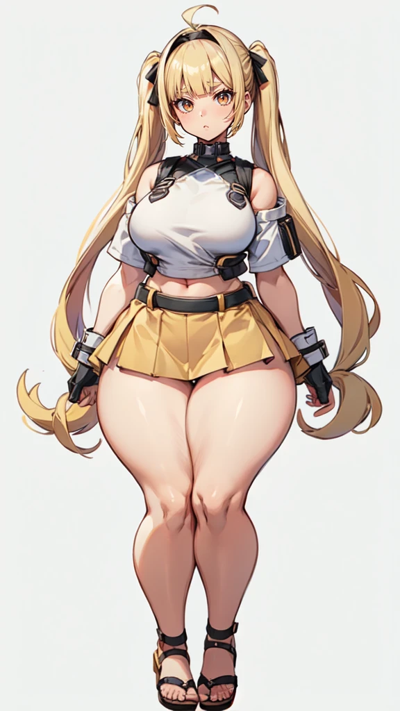 blank background, (((full body))), (masterpiece), ((best quality)), flat chest, blunt bangs, short twintail, (wide hips:1.6), (thick thighs:1.4), (very short skirt), sandals, belt below navel, fanny packs, blonde