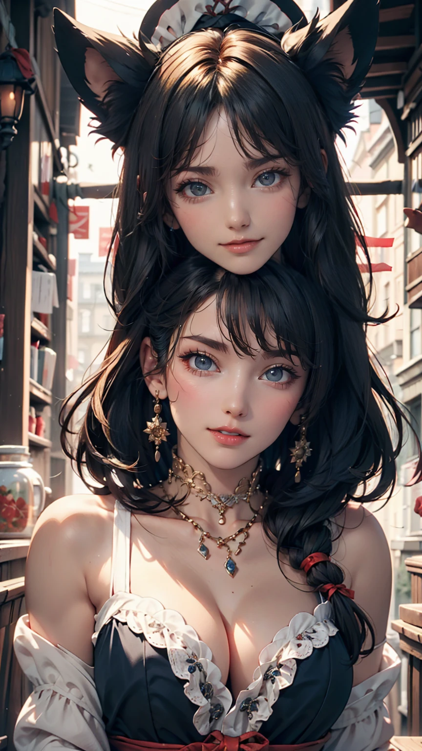 Kiki's Delivery Service、Kiki、age Caucasian female、Black Hair、Iris、Red ribbon headband、Indigo dress、Red Shoes、Holds a long-handled broom、smile、European old town background
