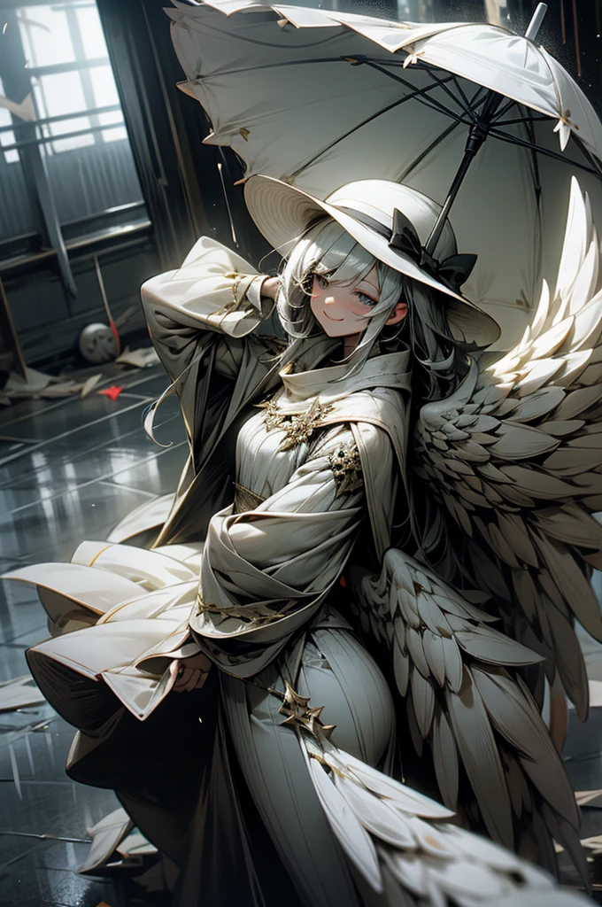 magician,White Dress,Angel Wings,Big umbrella,heavy rain,destruction,Crazy,darkness,smile,I'm sick,masked face,human_no,droid,Deus Ex Machina,Light effects,Persona,horror style,artistic,rearistc,Black and grey world,perfect face,dark fantasy,